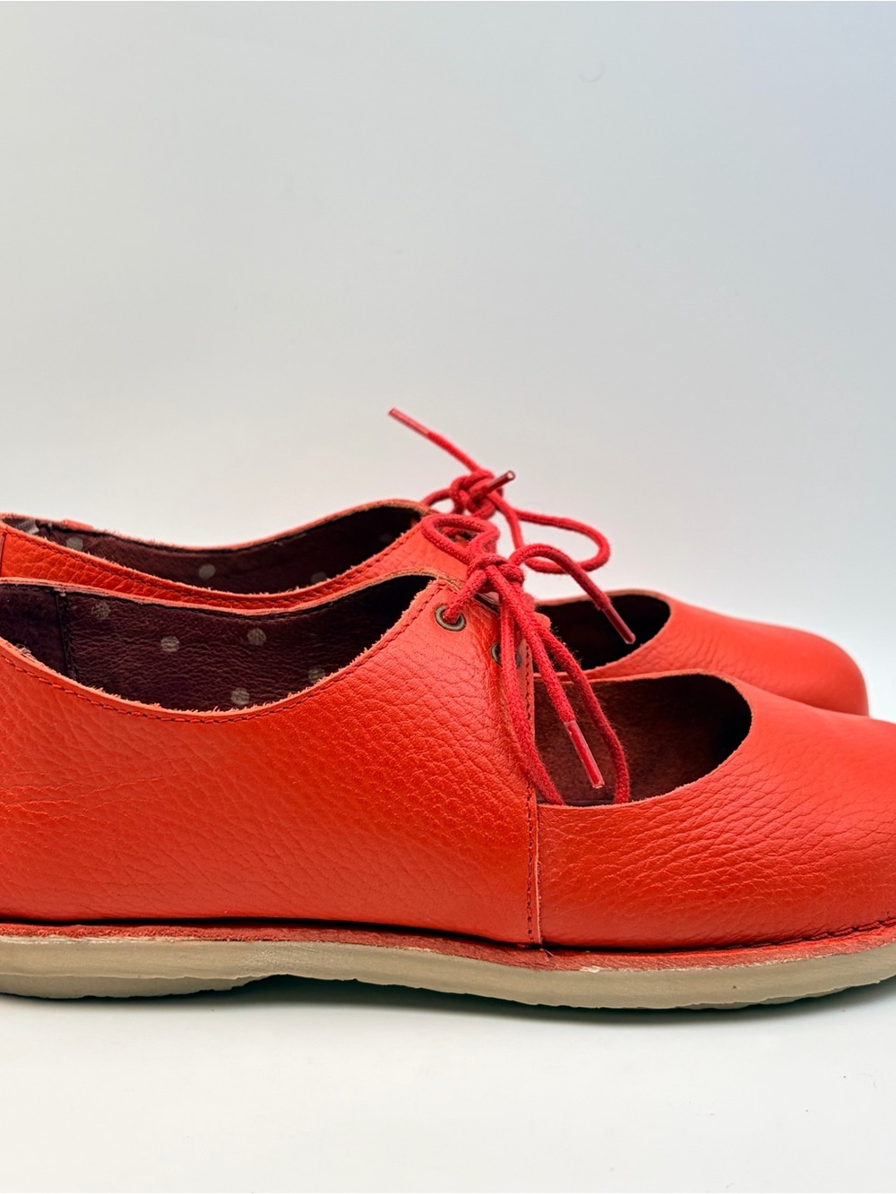 Gudrun Sjoden Red Pebbled Leather Lace-Up Mary Jane Flats EU37 US6.5 Lagenlook - Picture 8 of 11